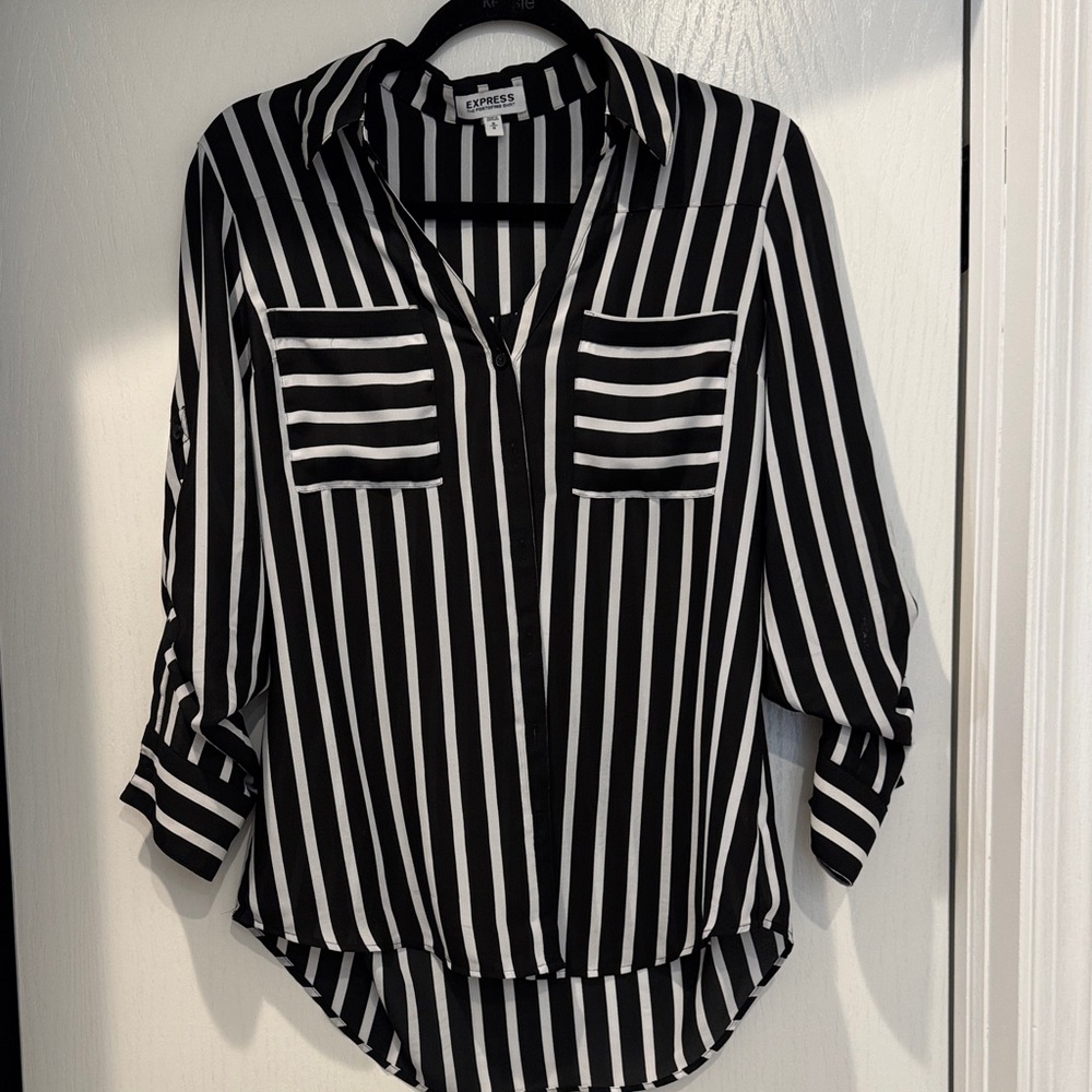Express Women's Black and White Striped Button Down Portofino blouse